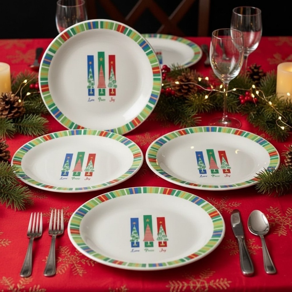 Oneida Holiday Love Peace Joy Salad Plates, Set of 4, Vtg Christmas Dinnerware